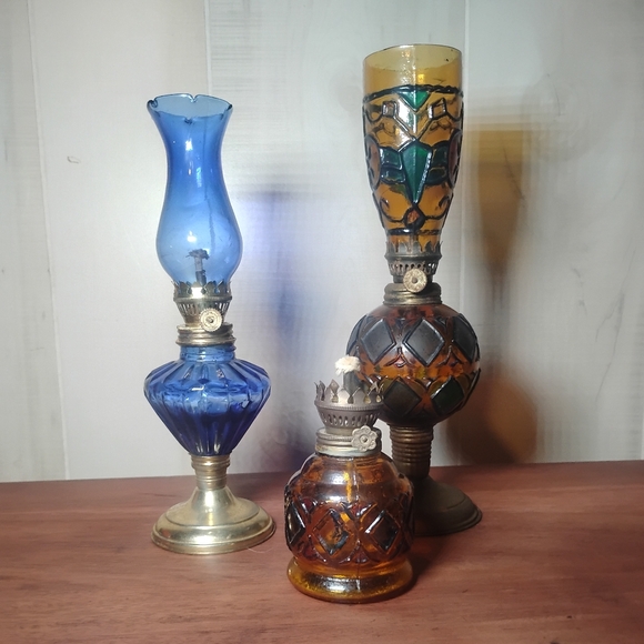 Vintage Glass Oil Lamps in Blue and Amber